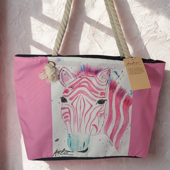 Pink Zebra Tote Bag by Angie Bryan Creations – Rope Handles - Picture 1 of 10